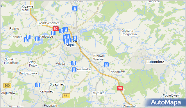 mapa Krzewie Wielkie, Krzewie Wielkie na mapie Targeo