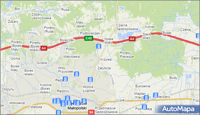 mapa Krzywa gmina Sędziszów Małopolski, Krzywa gmina Sędziszów Małopolski na mapie Targeo