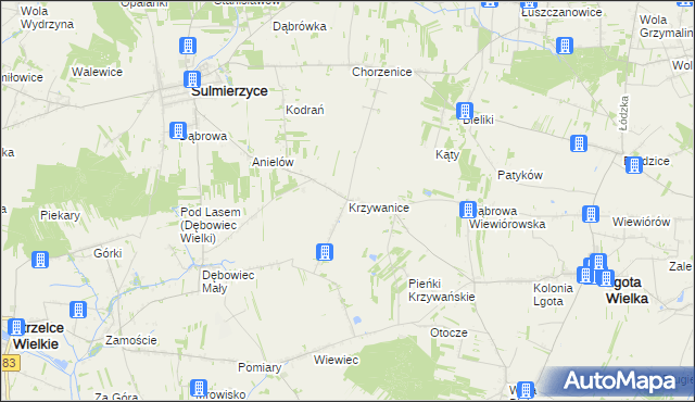mapa Krzywanice gmina Lgota Wielka, Krzywanice gmina Lgota Wielka na mapie Targeo