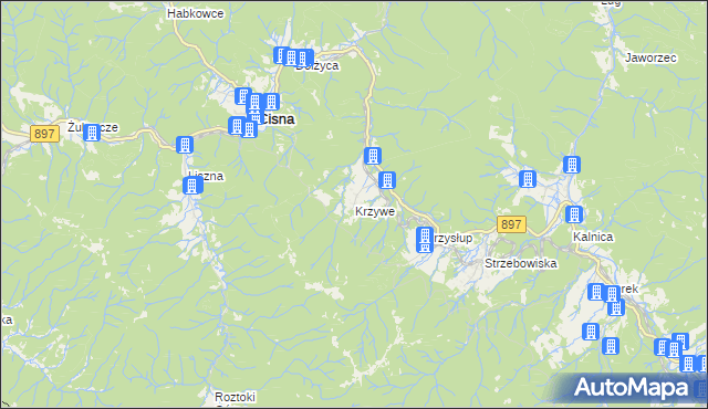 mapa Krzywe gmina Cisna, Krzywe gmina Cisna na mapie Targeo