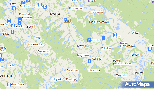 mapa Krzywe gmina Dydnia, Krzywe gmina Dydnia na mapie Targeo