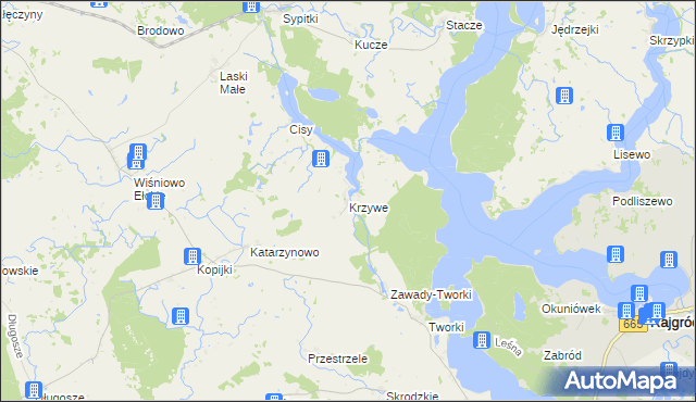 mapa Krzywe gmina Prostki, Krzywe gmina Prostki na mapie Targeo