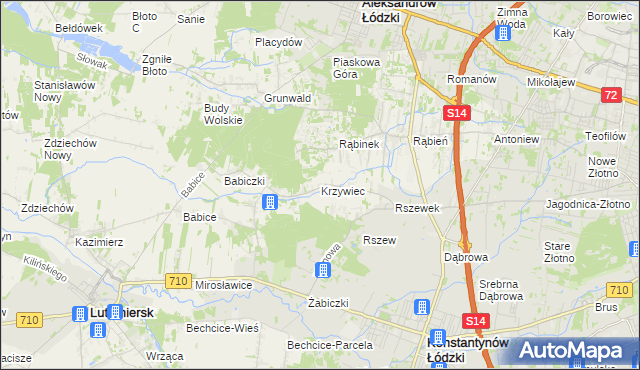 mapa Krzywiec gmina Aleksandrów Łódzki, Krzywiec gmina Aleksandrów Łódzki na mapie Targeo