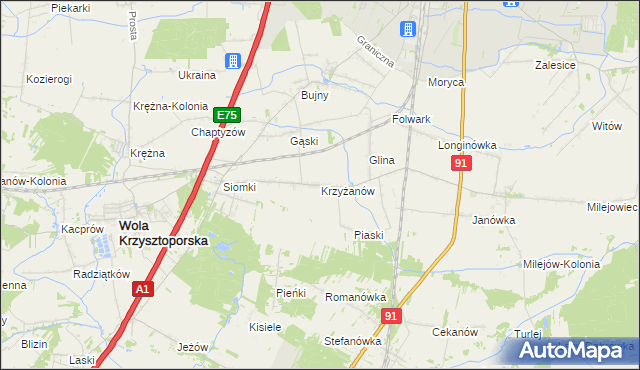 mapa Krzyżanów gmina Wola Krzysztoporska, Krzyżanów gmina Wola Krzysztoporska na mapie Targeo