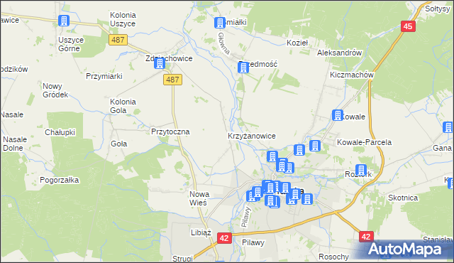 mapa Krzyżanowice gmina Gorzów Śląski, Krzyżanowice gmina Gorzów Śląski na mapie Targeo