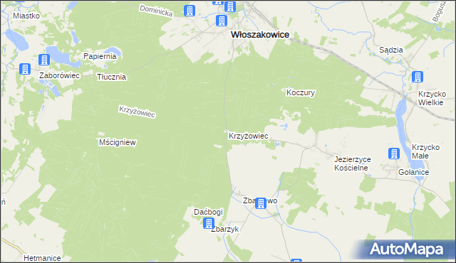 mapa Krzyżowiec gmina Włoszakowice, Krzyżowiec gmina Włoszakowice na mapie Targeo