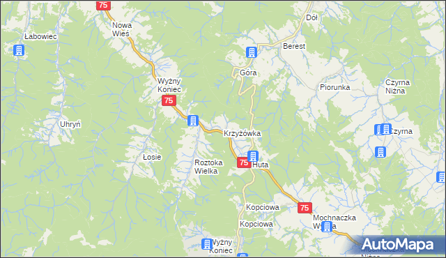 mapa Krzyżówka gmina Łabowa, Krzyżówka gmina Łabowa na mapie Targeo