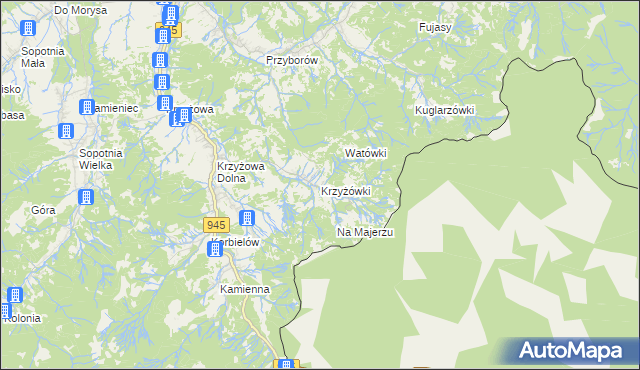 mapa Krzyżówki gmina Jeleśnia, Krzyżówki gmina Jeleśnia na mapie Targeo