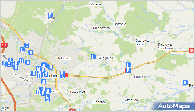 mapa Księginice gmina Lubin, Księginice gmina Lubin na mapie Targeo