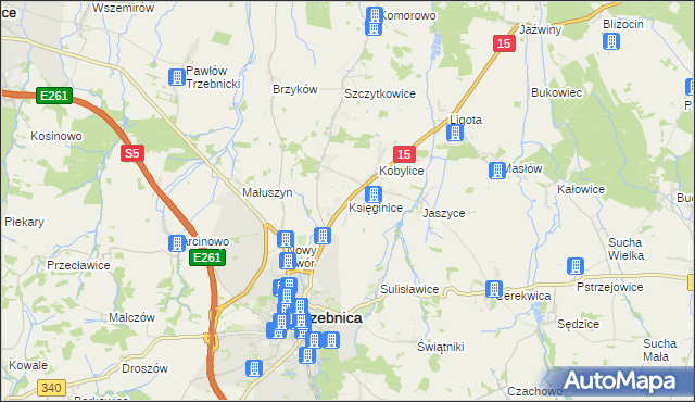 mapa Księginice gmina Trzebnica, Księginice gmina Trzebnica na mapie Targeo