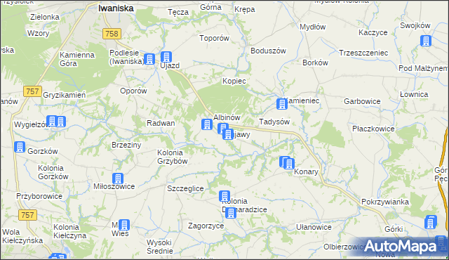mapa Kujawy gmina Iwaniska, Kujawy gmina Iwaniska na mapie Targeo