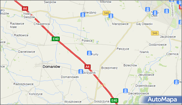 mapa Kuny gmina Domaniów, Kuny gmina Domaniów na mapie Targeo
