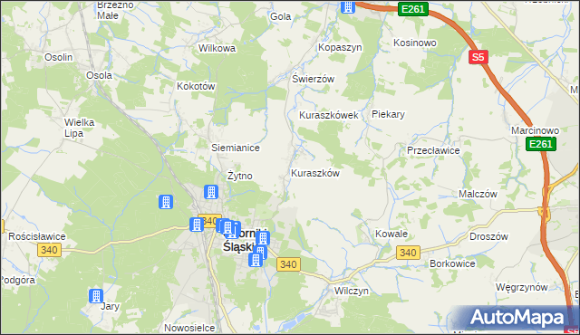 mapa Kuraszków gmina Oborniki Śląskie, Kuraszków gmina Oborniki Śląskie na mapie Targeo