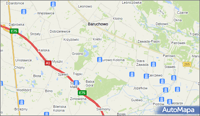 mapa Kurowo-Kolonia gmina Baruchowo, Kurowo-Kolonia gmina Baruchowo na mapie Targeo