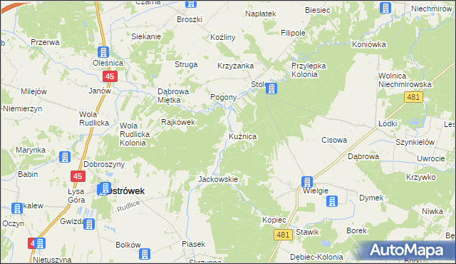 mapa Kuźnica gmina Ostrówek, Kuźnica gmina Ostrówek na mapie Targeo