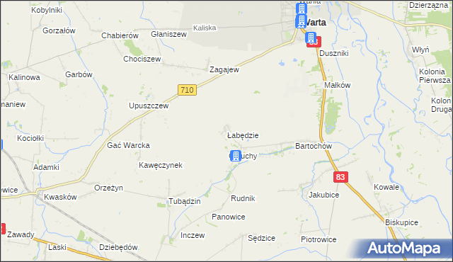 mapa Łabędzie gmina Warta, Łabędzie gmina Warta na mapie Targeo