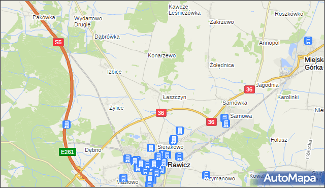 mapa Łaszczyn gmina Rawicz, Łaszczyn gmina Rawicz na mapie Targeo