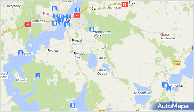 mapa Ławki gmina Ryn, Ławki gmina Ryn na mapie Targeo