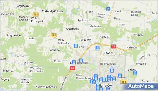 mapa Ławy gmina Bełchatów, Ławy gmina Bełchatów na mapie Targeo