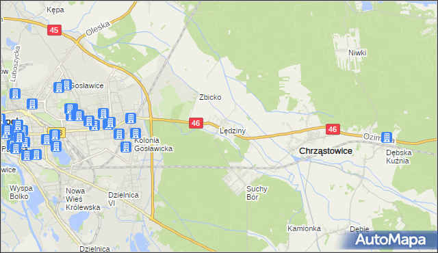 mapa Lędziny gmina Chrząstowice, Lędziny gmina Chrząstowice na mapie Targeo