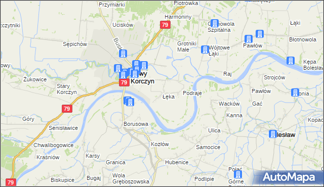 mapa Łęka gmina Nowy Korczyn, Łęka gmina Nowy Korczyn na mapie Targeo
