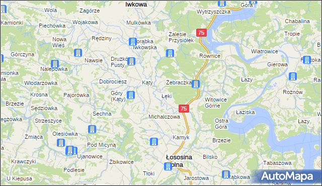 mapa Łęki gmina Łososina Dolna, Łęki gmina Łososina Dolna na mapie Targeo