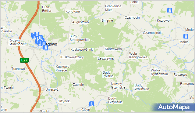 mapa Leszczyna gmina Strzegowo, Leszczyna gmina Strzegowo na mapie Targeo