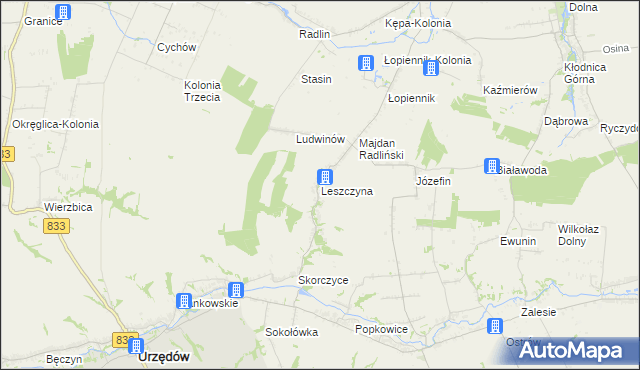 mapa Leszczyna gmina Urzędów, Leszczyna gmina Urzędów na mapie Targeo