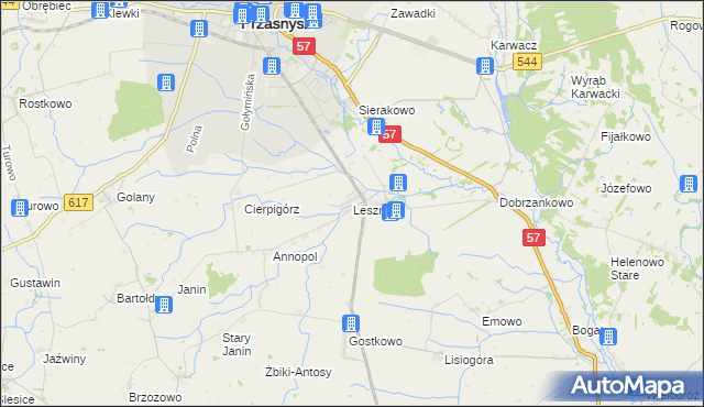 mapa Leszno gmina Przasnysz, Leszno gmina Przasnysz na mapie Targeo