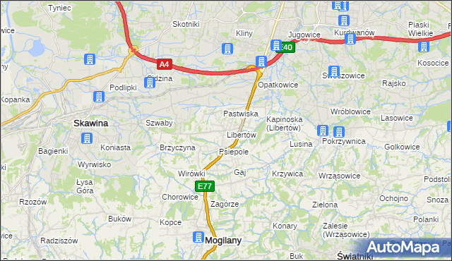 mapa Libertów gmina Mogilany, Libertów gmina Mogilany na mapie Targeo
