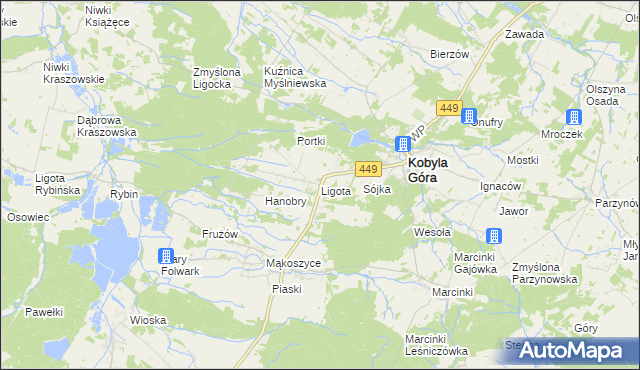 mapa Ligota gmina Kobyla Góra, Ligota gmina Kobyla Góra na mapie Targeo