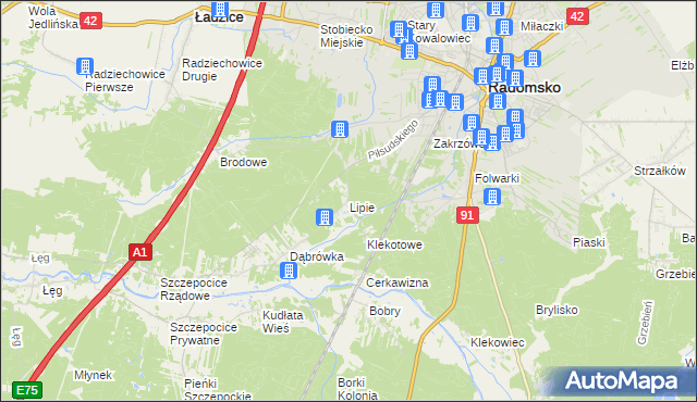 mapa Lipie gmina Radomsko, Lipie gmina Radomsko na mapie Targeo