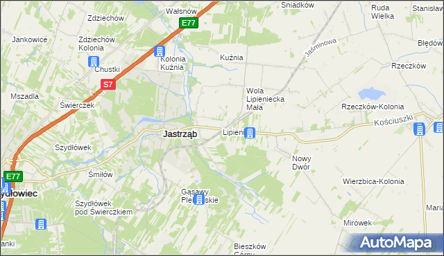 mapa Lipienice gmina Jastrząb, Lipienice gmina Jastrząb na mapie Targeo