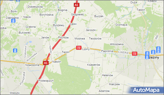 mapa Lipiny gmina Nowosolna, Lipiny gmina Nowosolna na mapie Targeo