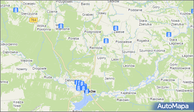 mapa Lipiny gmina Raków, Lipiny gmina Raków na mapie Targeo