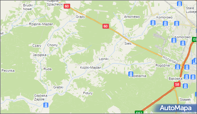 mapa Lipniki gmina Ostrów Mazowiecka, Lipniki gmina Ostrów Mazowiecka na mapie Targeo