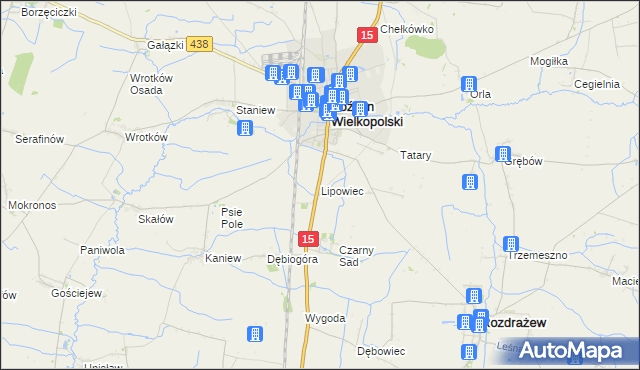 mapa Lipowiec gmina Koźmin Wielkopolski, Lipowiec gmina Koźmin Wielkopolski na mapie Targeo