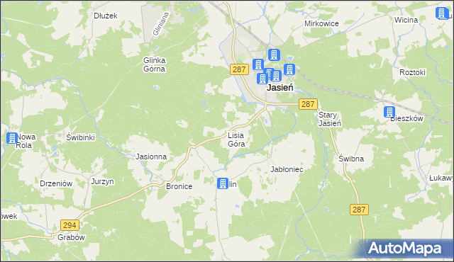 mapa Lisia Góra gmina Jasień, Lisia Góra gmina Jasień na mapie Targeo