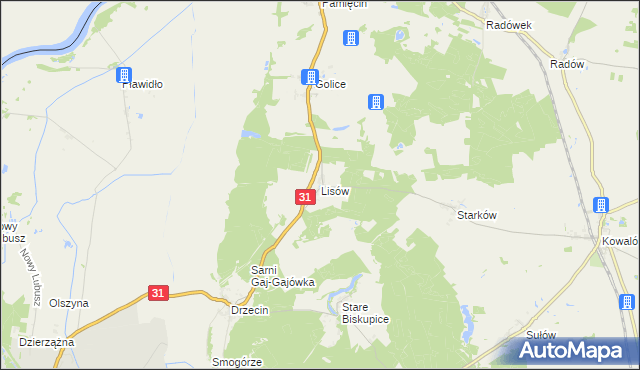 mapa Lisów gmina Słubice, Lisów gmina Słubice na mapie Targeo