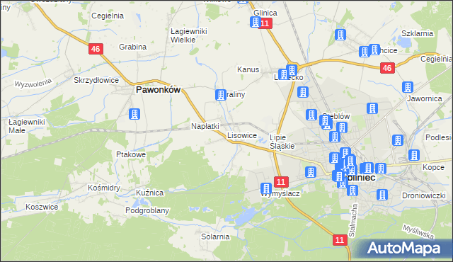 mapa Lisowice gmina Pawonków, Lisowice gmina Pawonków na mapie Targeo