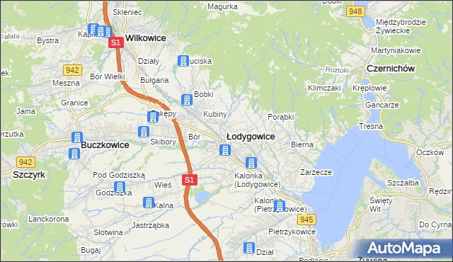 mapa Łodygowice powiat żywiecki, Łodygowice powiat żywiecki na mapie Targeo