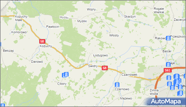 mapa Łodygowo gmina Biała Piska, Łodygowo gmina Biała Piska na mapie Targeo