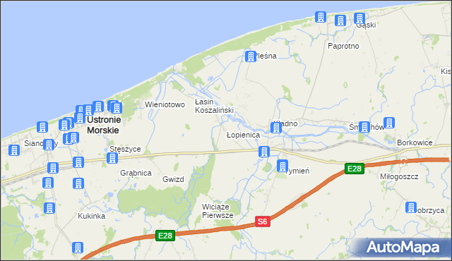 mapa Łopienica gmina Będzino, Łopienica gmina Będzino na mapie Targeo