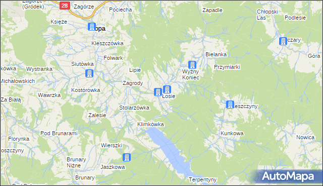 mapa Łosie gmina Ropa, Łosie gmina Ropa na mapie Targeo