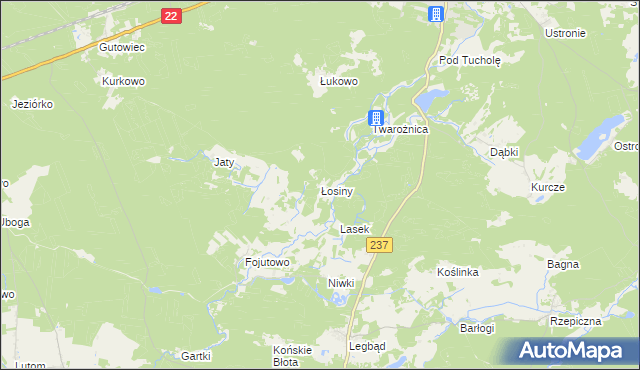 mapa Łosiny gmina Tuchola, Łosiny gmina Tuchola na mapie Targeo
