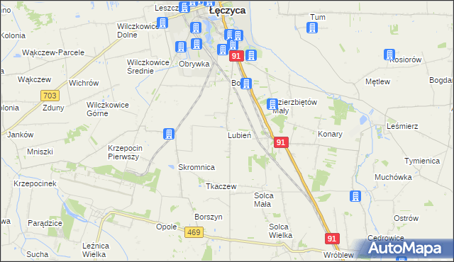 mapa Lubień gmina Łęczyca, Lubień gmina Łęczyca na mapie Targeo