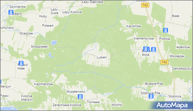 mapa Lubień gmina Rozprza, Lubień gmina Rozprza na mapie Targeo