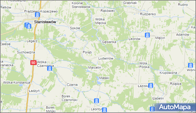 mapa Ludwinów gmina Jakubów, Ludwinów gmina Jakubów na mapie Targeo