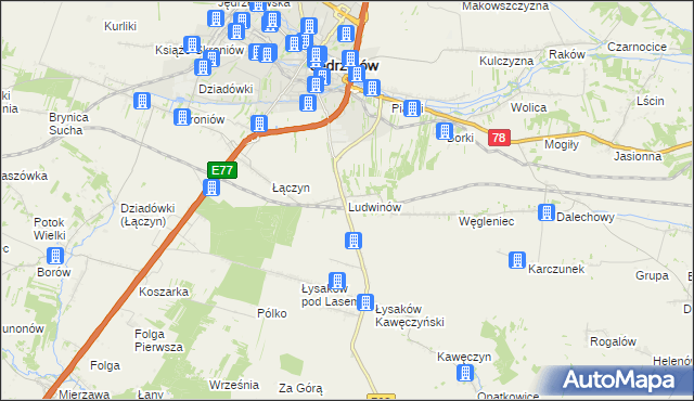 mapa Ludwinów gmina Jędrzejów, Ludwinów gmina Jędrzejów na mapie Targeo