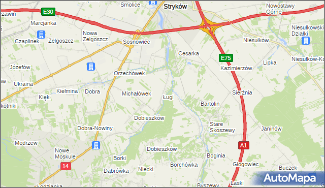 mapa Ługi gmina Stryków, Ługi gmina Stryków na mapie Targeo